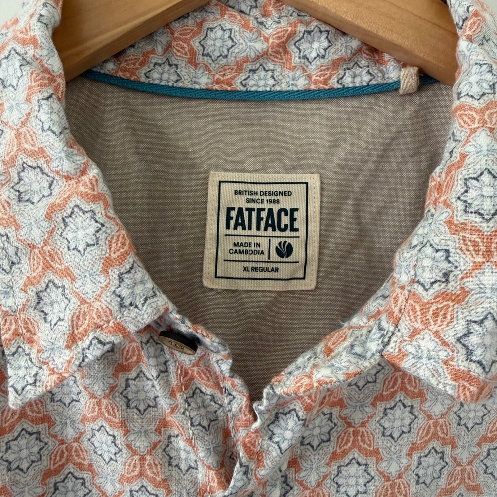 FatFace Mens XL Linen Blend Short Sleeve Shirt Orange Blue Geometric Print